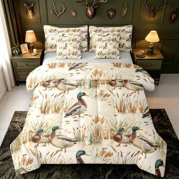 Manfei Flying Mallard Duck 7 Pieces Full Size Bedding Sets,Rustic Cabin Full Size Bed in a Bag,Light Gray Reversible
