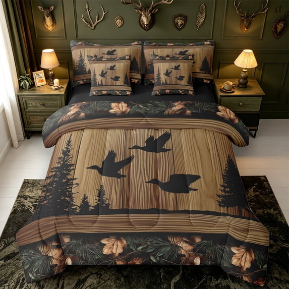 Manfei Flying Mallard Duck 7pcs Queen Bedding,Rustic Bird Bedding Comforter Set Queen,Black Reversible