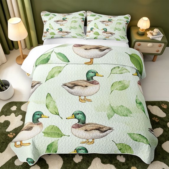 Manfei Flying Mallard Duck Quilt King,Cartoon Waterfowl King Coverlet Set,3 Pieces,1 Bedspread and 2 Pillowcases