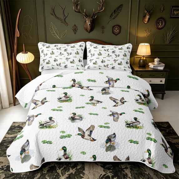 Manfei Flying Mallard Duck Twin Quilt Set,Farmhouse Cabin Twin Coverlet Set,2-Piece,1 Bedspread and 1 Pillowcase
