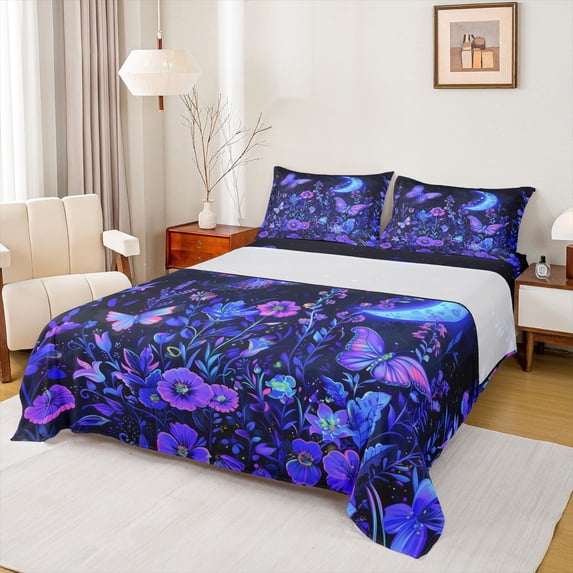 Manfei Flying Purple Butterflies Girl 4pcs Bed Sheets,Chic Flowes King Sheets,Starry Sky Moon Super Cozy Sheet Set,Super Cozy Room Decor