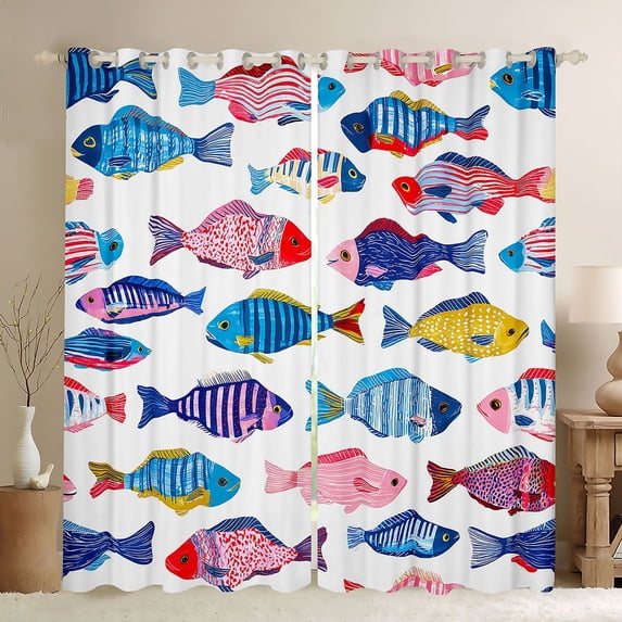 Manfei Folk Abstract Fish Kitchen Curtains, Sea Animal Black Out Curtains Pack of 2 (42x63 Each), Multicolor White