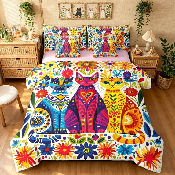 Manfei Folk Art Cat Queen Bedding, Vibrant Boho Floral Bedding Comforter Set Queen, Cream Red Blue, Pink Reversible, 7 Pieces