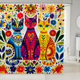 thumbnail image 1 of Manfei Folk Art Cat Shower Curtain 72Wx78L, Vibrant Boho Floral Bath Curtain, Cream Red Blue, 1 of 5