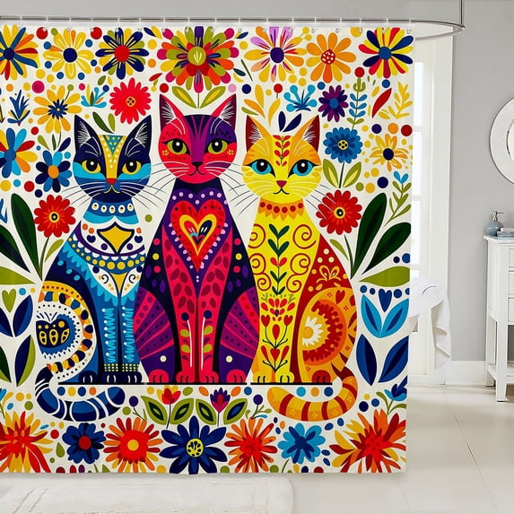Manfei Folk Art Cat Shower Curtain 72Wx78L, Vibrant Boho Floral Bath Curtain, Cream Red Blue