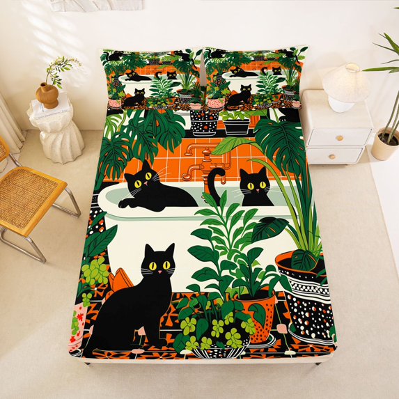 Manfei Folk Black Cat Fitted Sheet Full, Boho Houseplant Bed Set, Orange Green, 3pcs, 1 Fitted Sheet and 2 Pillowcases