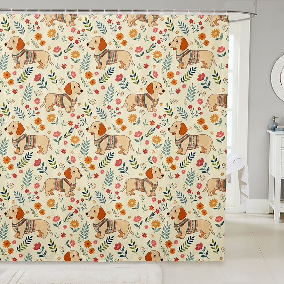 Manfei Folk Style Dog Shower Curtain 72Wx84L, Vintage Floral Bathroom Shower Curtain, Cream