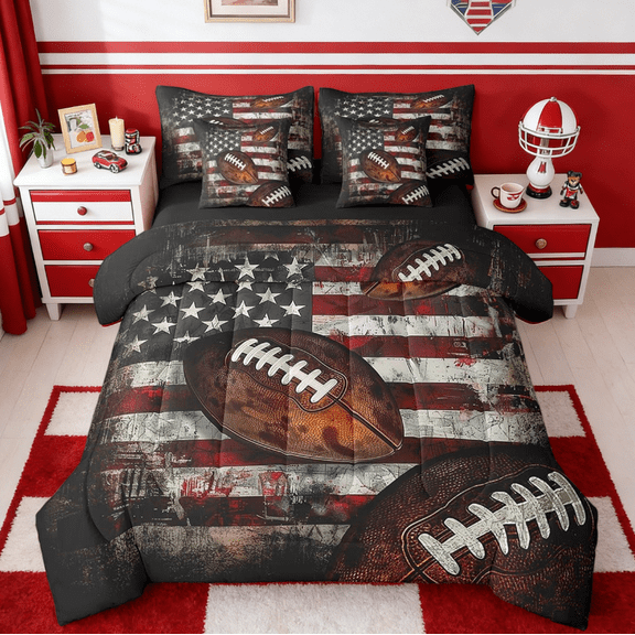 Manfei Football 7 Pieces Bedding Comforter Set Kids American Flag For Boys Girls Teens,Rugby Gaming Sports Full Bedding Set Sports Theme Reversible