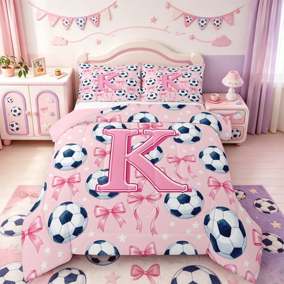 Manfei Football Ball Sport Queen Comforter Set,Monogrammed K Design Comforter Sets Queen,Pink Reversible,3-Piece,1 Comforter and 2 Pillowcases
