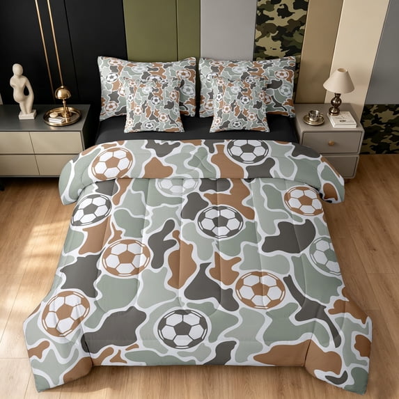 Manfei Football Camouflage King Bedding, Mid Century Camo King Bed in a Bag, Gray Brown, Black Reversible, 7 Pieces