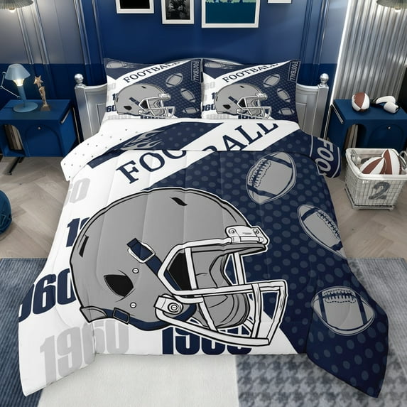 Manfei Football Game Lovers Bedding Comforter Set,Rugby Sport Twin Comforter Sets,Gray Deepblue White Bedding Set For Boys Teens,Ultra Soft Home Decor Reversible,2 Pieces