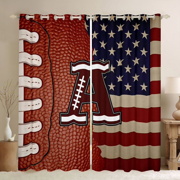 Manfei Football Letter A Kitchen Curtains, American Flag Rugby Black Out Curtains Pack of 2 (42x63 Each), Brown Red White