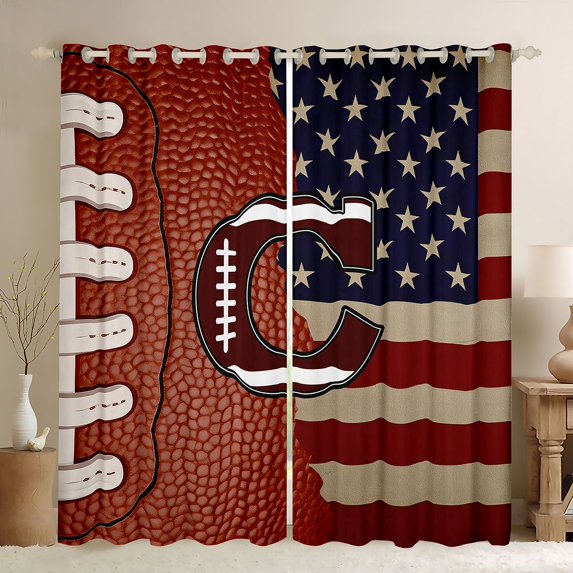 Manfei Football Letter C Kitchen Curtains, American Flag Rugby Black Out Curtains Pack of 2 (42x63 Each), Brown Red White