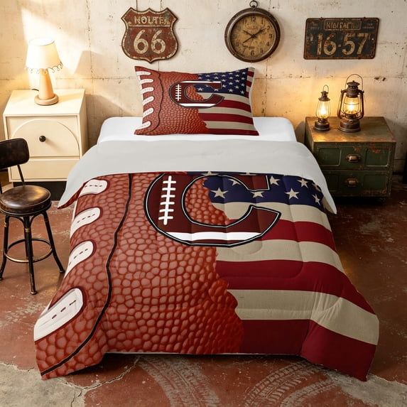 Manfei Football Letter C Twin Comforter Sets, American Flag Rugby Bedding Set, Brown Red White, Gray Reversible 2 Pieces, 1 Comforter and 1 Pillowcase