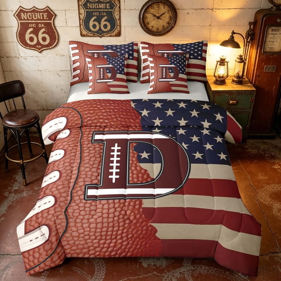 Manfei Football Letter D Full Size Bedding Sets, American Flag Rugby Full Size Bed in a Bag, Brown Red White, Gray Reversible 7pcs