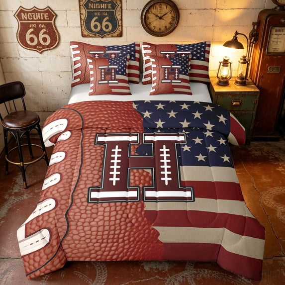 Manfei Football Letter Queen Bedding, American Flag Rugby Bedding Comforter Set Queen, Brown Red White, Gray Reversible 7pcs