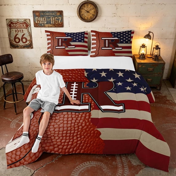 Manfei Football Letter R Queen Comforter Set, American Flag Rugby Comforter Sets Queen, Brown Red White, Gray Reversible 3pcs, 1 Comforter and 2 Pillowcases