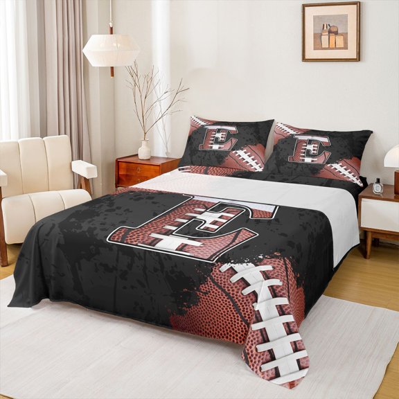 Manfei Football Pattern Twin Sheet Sets,Rugby Sport Lovers Twin Fitted Sheet,First Letter E Flat Sheet For Boys Teens,Super Cozy Room Decor,3-Piece