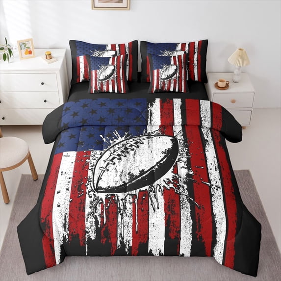 Manfei Football Print 7-Piece Twin Bedding,Retro Usa Flag Bedding Comforter Set,Red White,Black Reversible