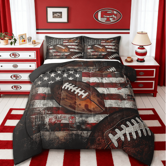 Manfei Football Queen Comforter Set Kids American Flag For Boys Girls Teens,Rugby Gaming Sports Bedding Comforter Set Sports Theme Reversible 3-Piece