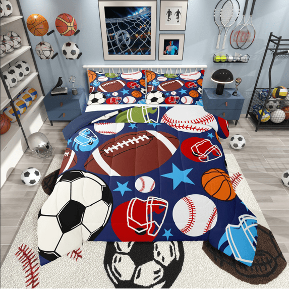 Manfei Football Soccer Baseball 2pcs Bedding Comforter Set,Sport Theme Twin Comforter Sets,Ball Gamer Bedding Set,Breathable Stars Room Decorative,Reversible