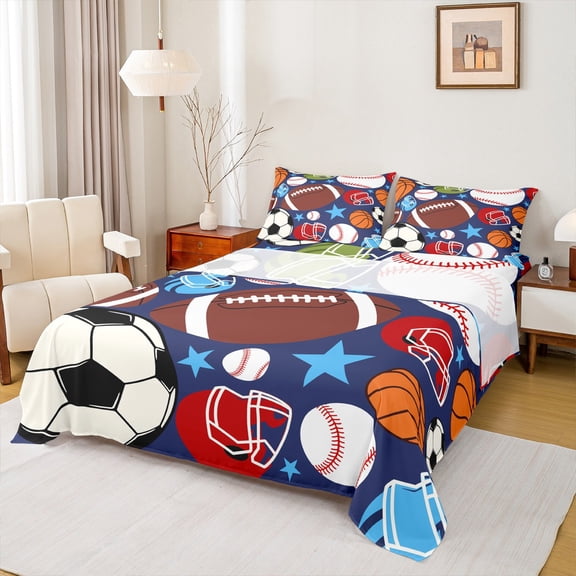 Manfei Football Soccer Baseball 4 Pieces Queen Sheet Sets,Sport Theme Ultra Soft Flat Sheet,Ball Gamer Queen Fitted Sheet,Stars Room Decorative