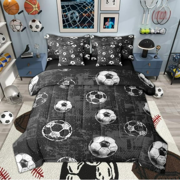 Manfei Football Soccer Bedding Comforter Set 7pcs, Ball Sport Gamer Queen Bedding Sets, Grunge Black Gray Queen Sheet Sets, Breathable Room Decor