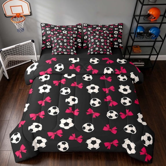 Manfei Football Soccer Full Size Bedding Sets, Cute Bowknot Full Size Bed in a Bag, Black HotPink White, Black Reversible 7-Piece