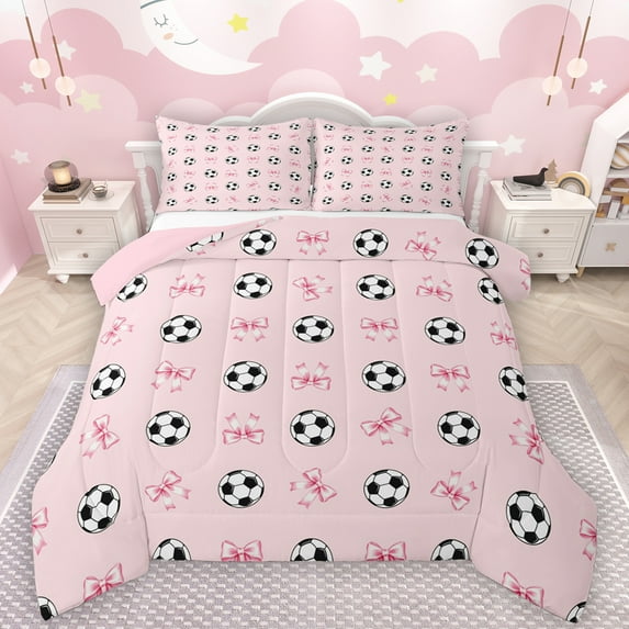 Manfei Football Soccer Game Bedding Comforter Set,Sport Theme Twin Comforter Sets,Cartoon Bow Knot Bedding Set For Girl Boy,Breathable Home Decor Reversible,2pcs