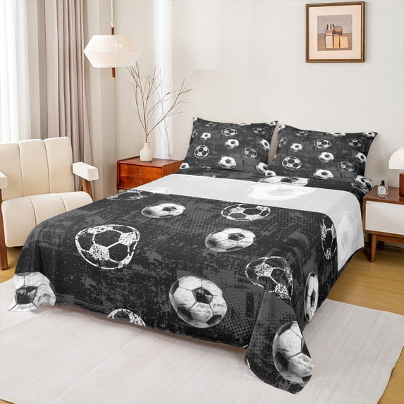 Manfei Football Soccer Queen Sheet Sets 4 Pieces, Ball Sport Gamer Flat Sheet, Grunge Black Gray Queen Fitted Sheet, Breathable Room Decor