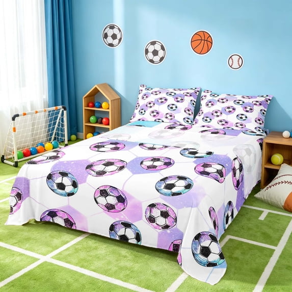 Manfei Football Soccer Queen Sheets, Sport Queen Sheet Sets, Purple Pink Cyan White 4-Piece(1 Flat Sheet, 1 Fitted Sheet and 2 Pillowcases)