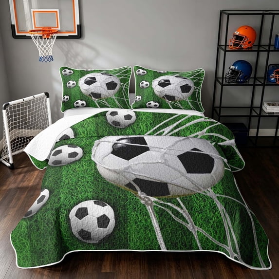 Manfei Football Soccer Quilt King, Sports King Coverlet Set, Green Black White, Black Reversible 3pcs, 1 Bedspread and 2 Pillowcases