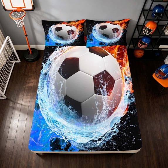 Manfei Football Soccer Sports Fitted Sheet, Ice and Fire Queen Bedding, Black Orange Brightblue 3-Piece, 1 Fitted Sheet and 2 Pillowcases