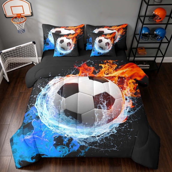 Manfei Football Soccer Sports Full Size Bedding Sets, Ice and Fire Full Size Bed in a Bag, Black Orange Brightblue, Black Reversible 7-Piece