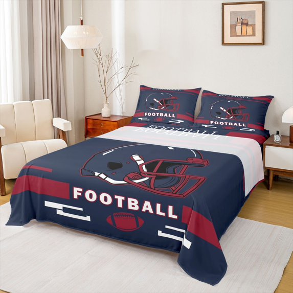 Manfei Football Sport Bed Sheets,Rugby Helmet King Sheets,Deepblue Red Sheet Set For Boys Kids,Luxury Bedroom Decor,4-Piece