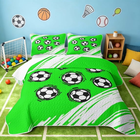 Manfei Football Sport Bed Spread Queen, Geometric Stripe Queen Coverlet Set, Vivid Green White, Polka Dots Reversible 3 Pieces, 1 Quilt and 2 Pillowcases