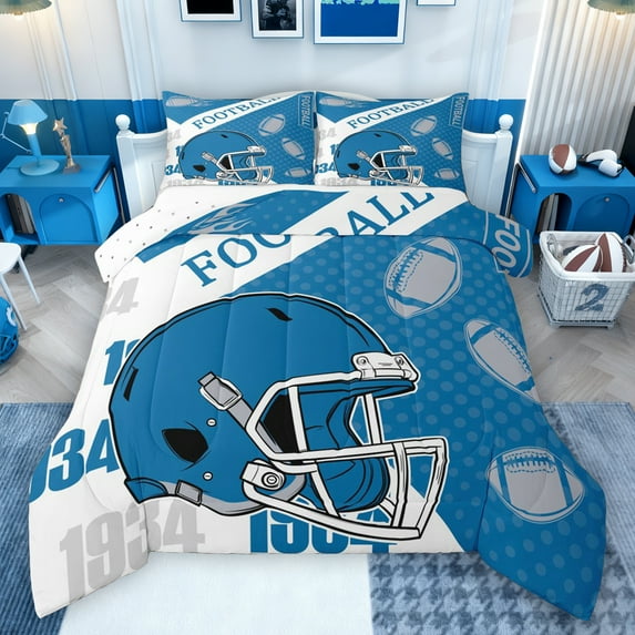 Manfei Football Sport Bedding Comforter Set,Rugby Helmet Twin Comforter Sets,Blue White Bedding Set For Boys Kids,Luxury Bedroom Decor Reversible,2-Piece