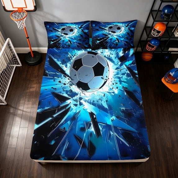 Manfei Football Sport Fitted Sheet, Neon Lightning Queen Bedding, DarkBlue Black Cyan 3 Pieces, 1 Fitted Sheet and 2 Pillowcases