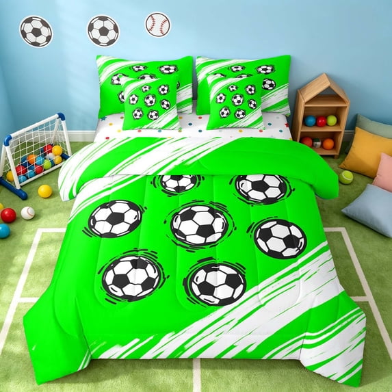 Manfei Football Sport Full Size Bedding Sets, Geometric Stripe Full Size Bed in a Bag, Vivid Green White, Polka Dots Reversible 7 Pieces