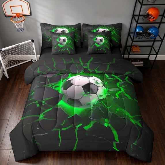 Manfei Football Sport Full Size Bedding Sets, Gradient Lightning Full Size Bed in a Bag, Royal Blue Crack Glow, Black Reversible 7pcs