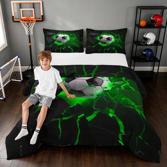 Manfei Football Sport Queen Comforter Set, Gradient Lightning Comforter Sets Queen, Royal Blue Crack Glow, Black Reversible 3pcs 1 Comforter and 2 Pillowcases