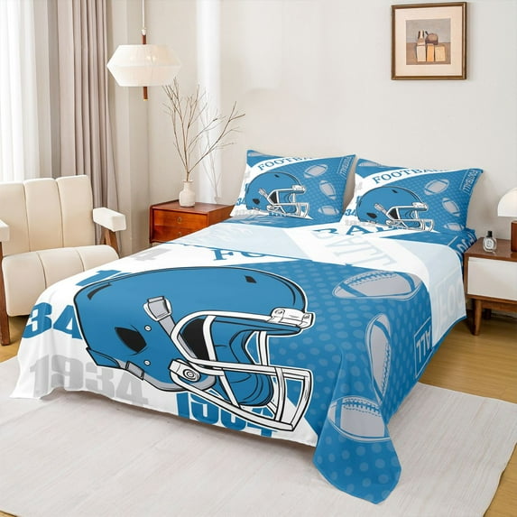 Manfei Football Sport Queen Sheet Sets,Rugby Helmet Flat Sheet,Blue White Queen Fitted Sheet For Boys Kids,Luxury Bedroom Decor,4pcs