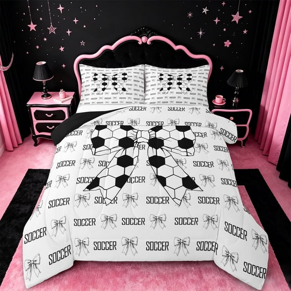 Manfei Football Sport Theme Queen Comforter Set For Kids,Soccer Print Bow Bedding Comforter Set For Boys,Black Reversible,3pcs