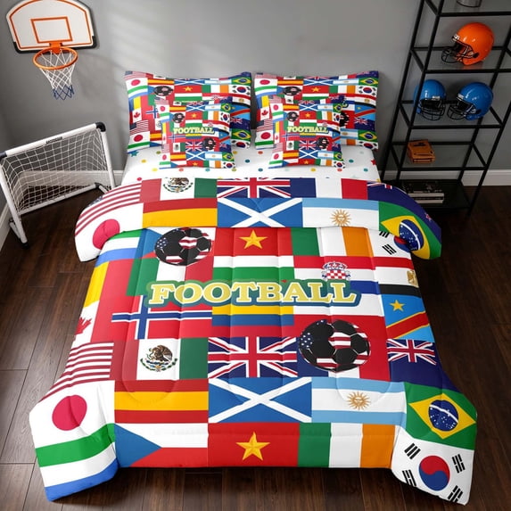 Manfei Football Sport Twin Bedding, National Flags Bedding Comforter Set, Multicolor Red Blue Green, Polka Dots Reversible 7 Pieces