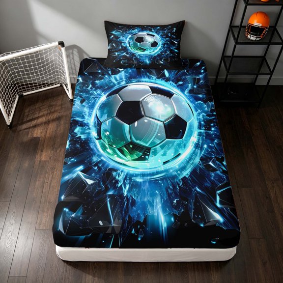 Manfei Football Sport Twin Fitted Sheet, Bedding, Black Neon Blue 2pcs, 1 Fitted Sheet and 1 Pillowcase