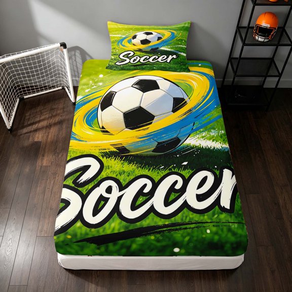 Manfei Football Sport Twin Fitted Sheet, Soccer Print Bedding, Green Multicolor 2pcs, 1 Fitted Sheet and 1 Pillowcase
