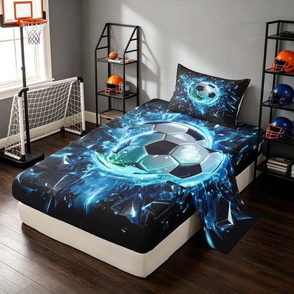 Manfei Football Sport Twin Sheets, Bedding, Black Neon Blue 3pcs(1 Flat Sheet, 1 Fitted Sheet and 1 Pillowcase)