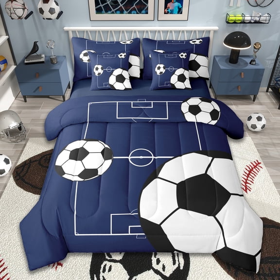 Manfei Football Sports 7-Piece Twin Bedding Sets,Soccer Game Bedding Comforter Set,Boys Ball Gaming Sheet Sets For Kids,Luxury Bedroom Decor Reversible