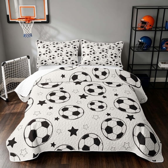 Manfei Football Sports Bed Spread Queen, Cartoon Stars Queen Coverlet Set, Cream Black, Gray Reversible 3 Pieces, 1 Quilt and 2 Pillowcases