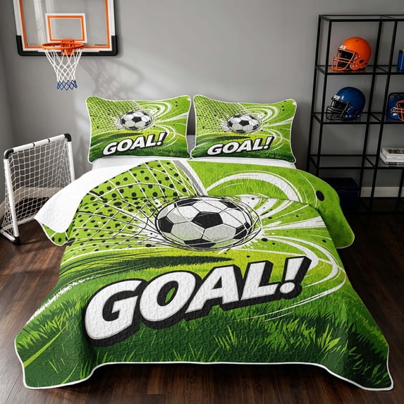 Manfei Football Sports Quilt Full, Goal Print Full Bedspread Sets, Green White, Reversible 3-Piece, 1 Coverlet and 2 Pillowcases